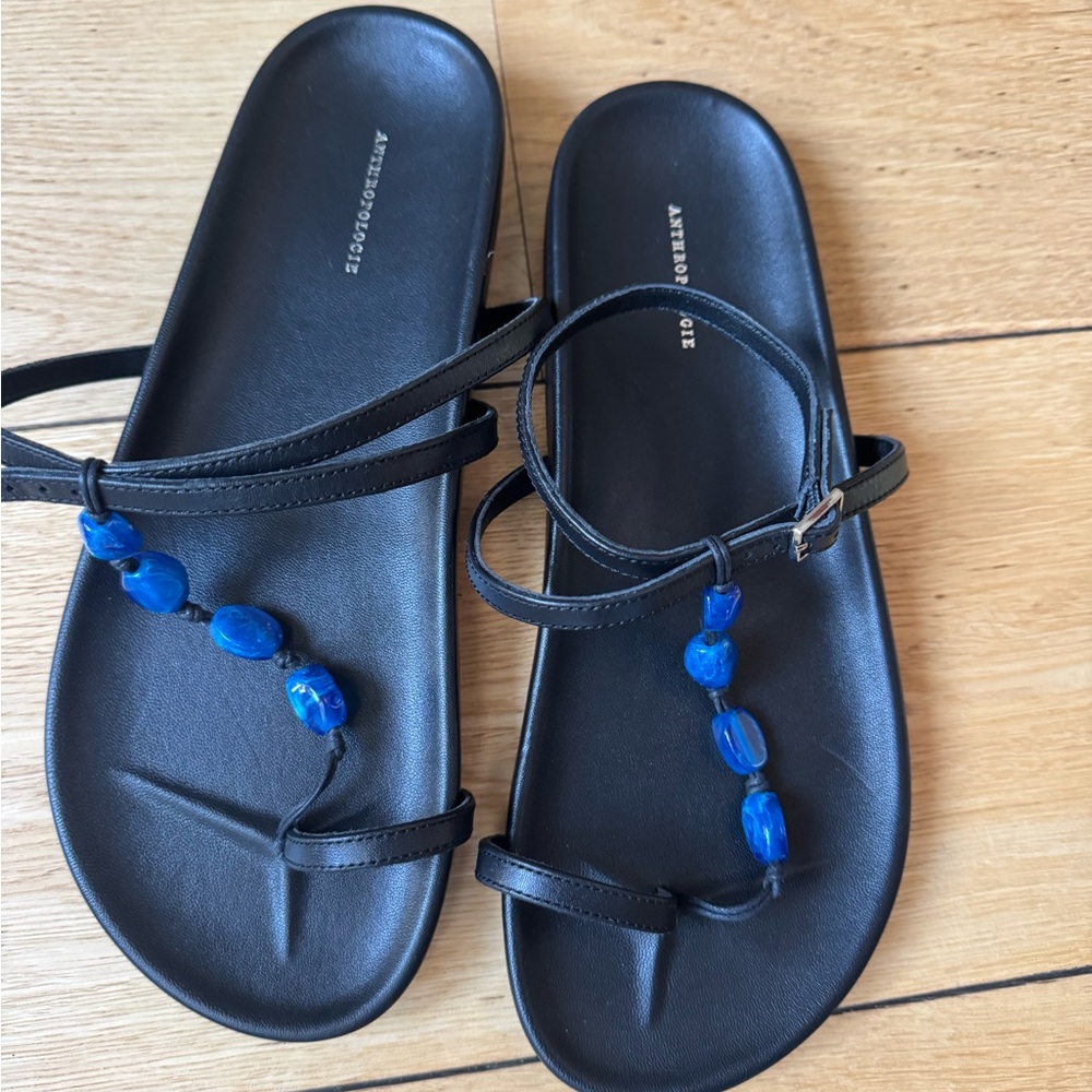 NEW Anthropologie Black Leather Sandals with Blue Beads